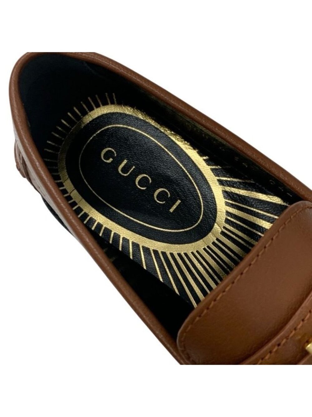 Gucci Loafer Leather Shoes Brown Gold Metal Logo Flat - Picture 7 of 10
